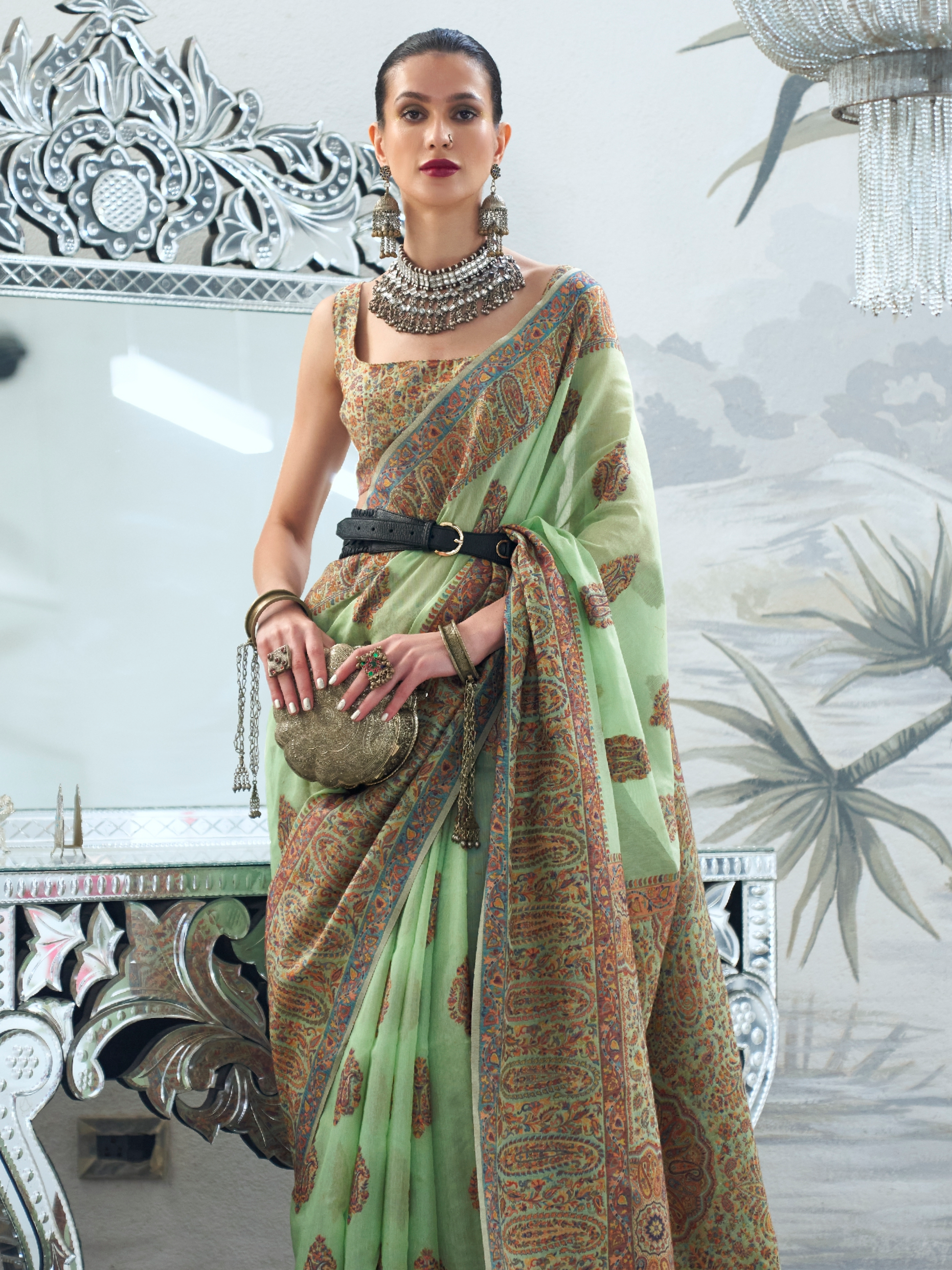 green kashmiri pashmina saree