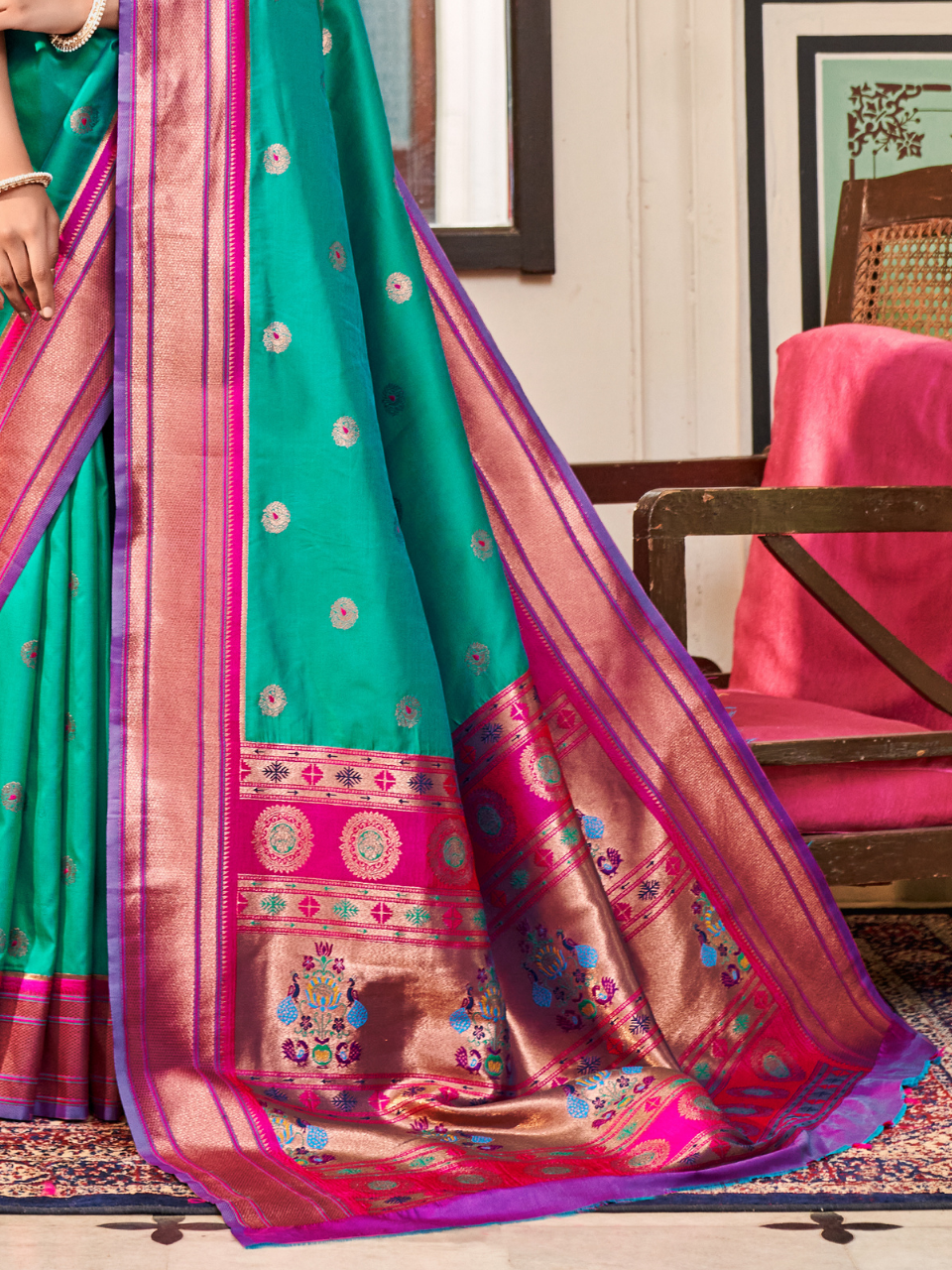 Sea Green Woven Soft Silk Paithani Saree