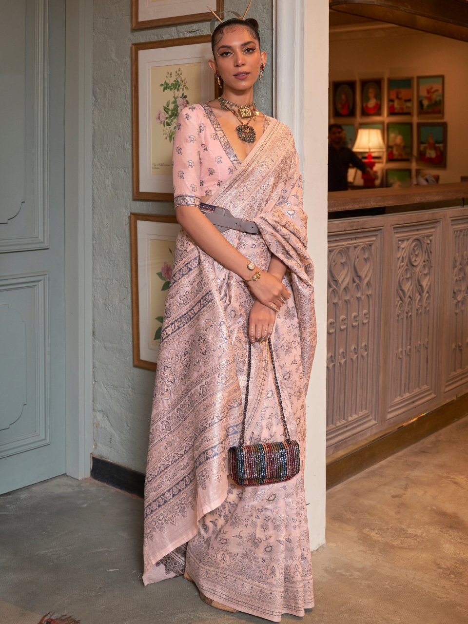 Powder Pink Woven Kashmiri Cotton Silk Saree