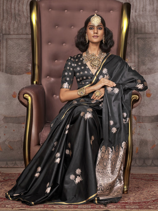 Ink Black Woven Banarasi Satin Silk Saree