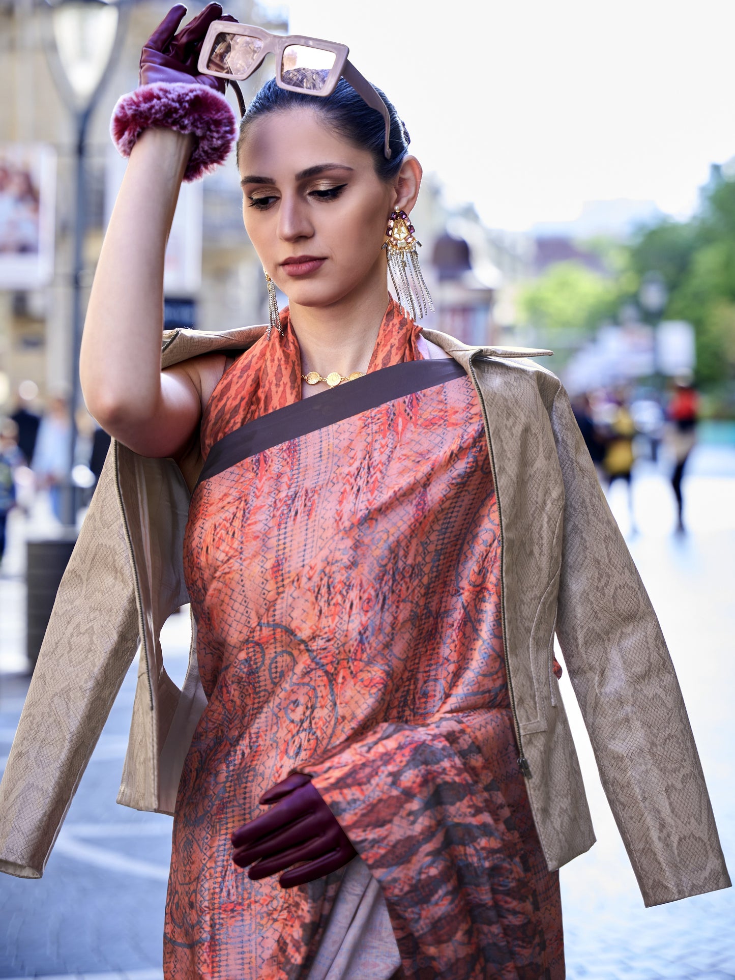 Tangerine Orange Satin Crepe Print Saree