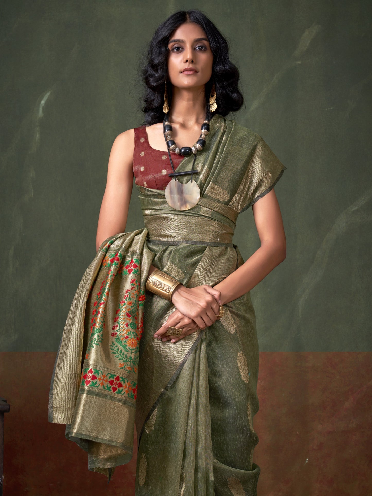 Olive Green Woven Paithani Tissue Silk Saree