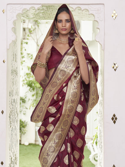 Deep Wine Satin Silk Banarasi Saree