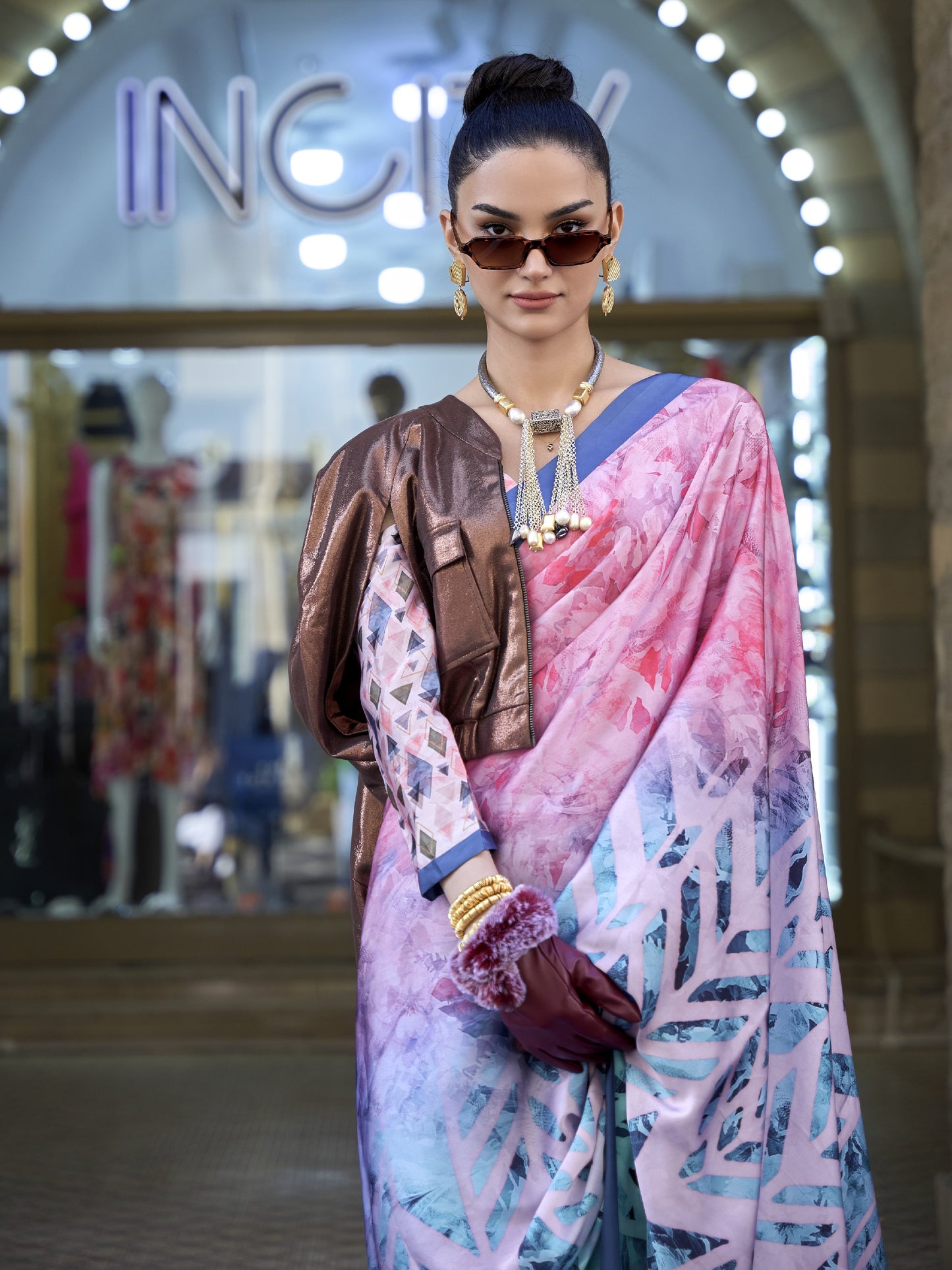 Pink & Blue Satin Crepe Printed Saree