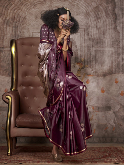 Burgundy Brown Woven Banarasi Satin Silk Saree