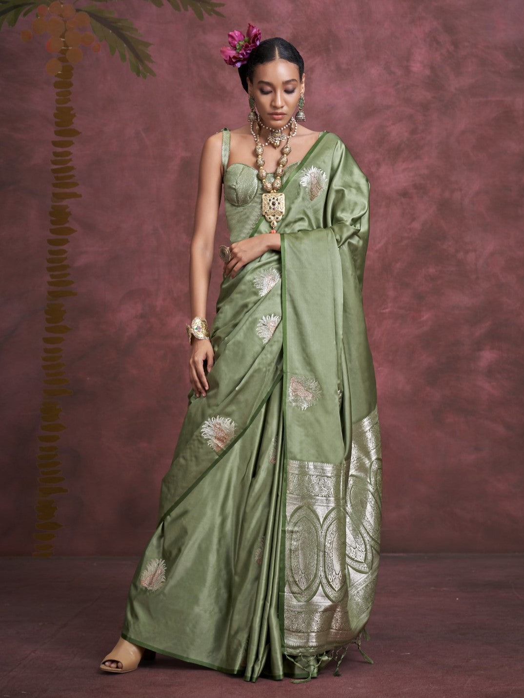 Shamrock Green Woven Banarasi Satin Silk Saree