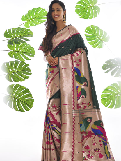 Jungle Green Woven Paithani Saree