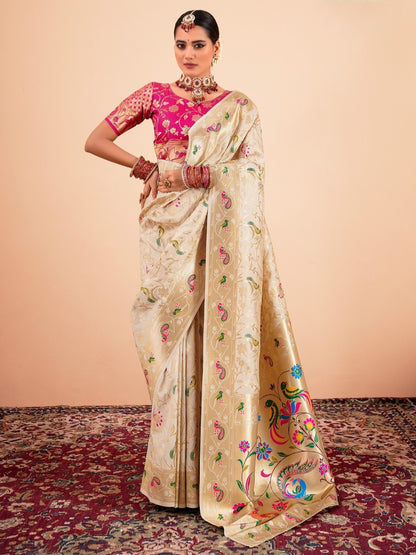 Cream White Woven Paithani Silk Saree with Contrast Blouse