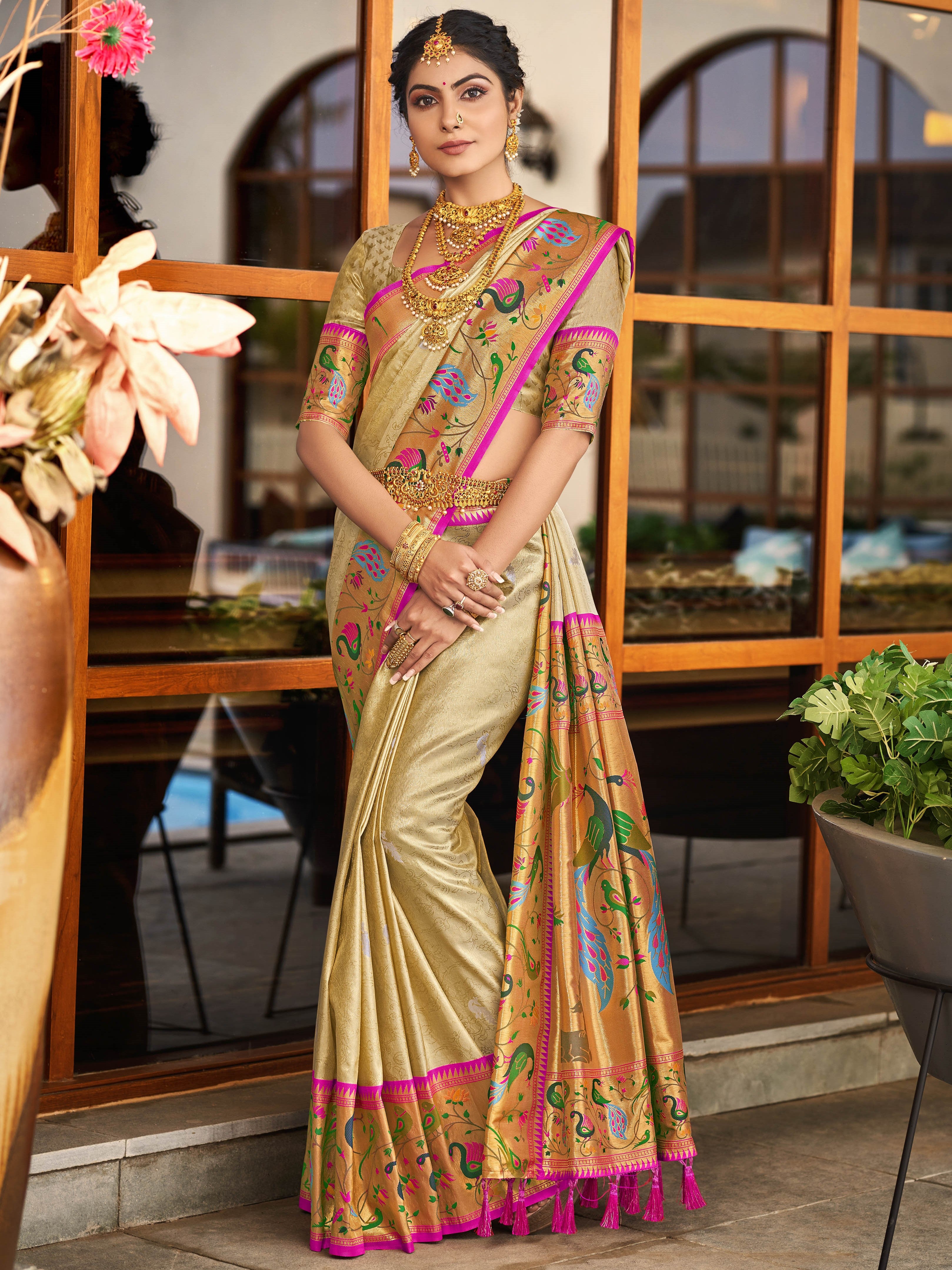 YELLOW PAITHANI SAREE WITH DESIGNER BLOUSE AND UNIQUE LATKANS-OM001PS –  www.soosi.co.in