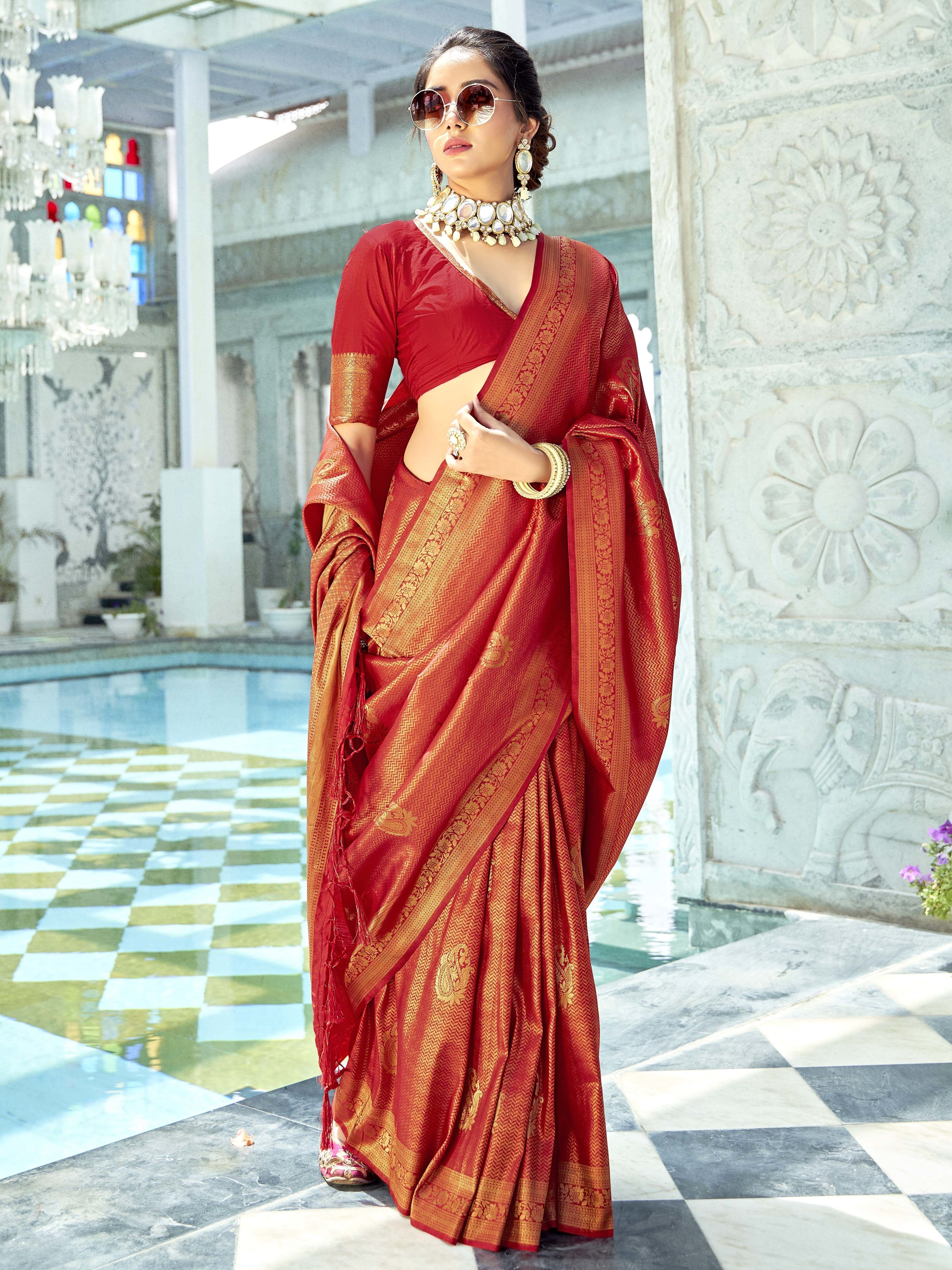 Dark Red Soft Silk Saree With Zari Weaving Work | Soft silk sarees, Saree, Silk  sarees