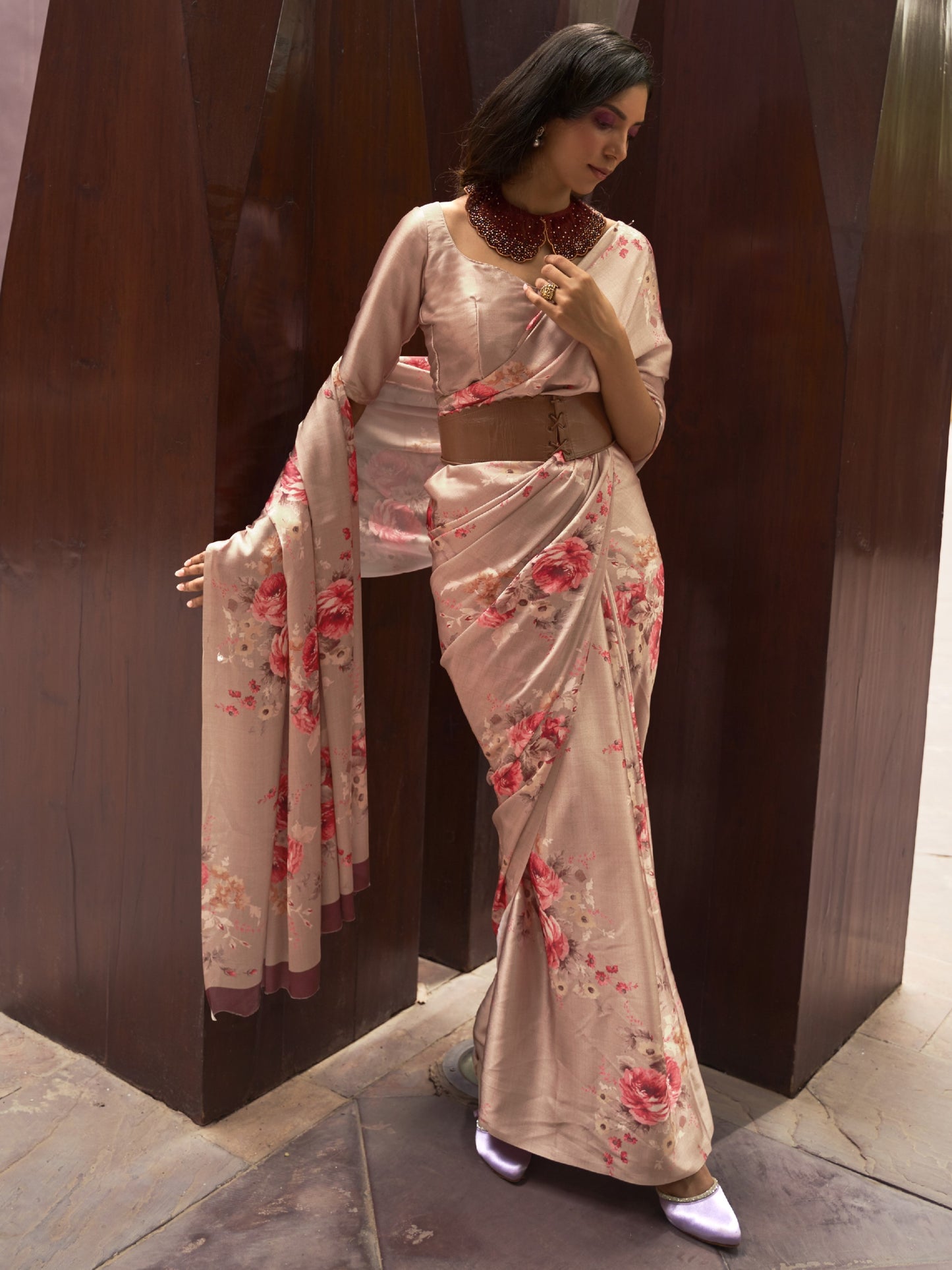 Sandy Tan Digital Print Satin Crepe Saree