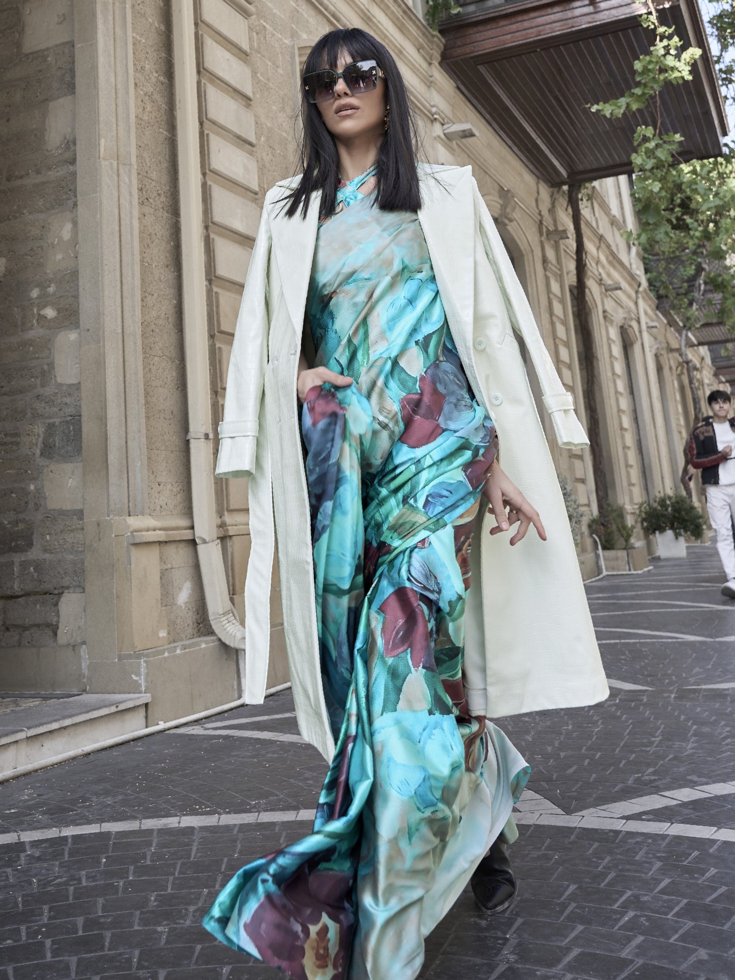 Sea Blue Satin Crepe Printed Saree