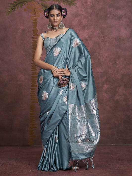 Steel Blue Woven Banarasi Satin Silk Saree