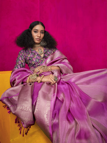 Festive Purple Zari Woven Tissue Silk Saree with Contrast Blouse