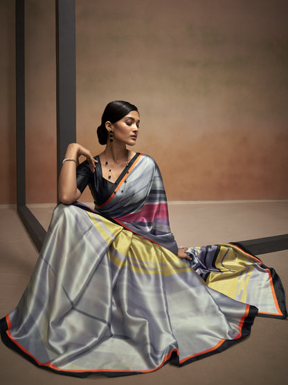 Fog Gray Satin Silk Printed Saree