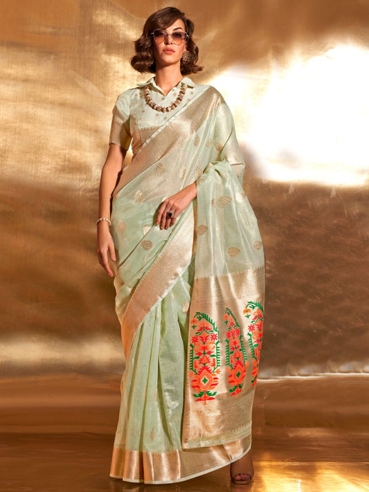 Pista Green Woven Paithani Tissue Silk Saree