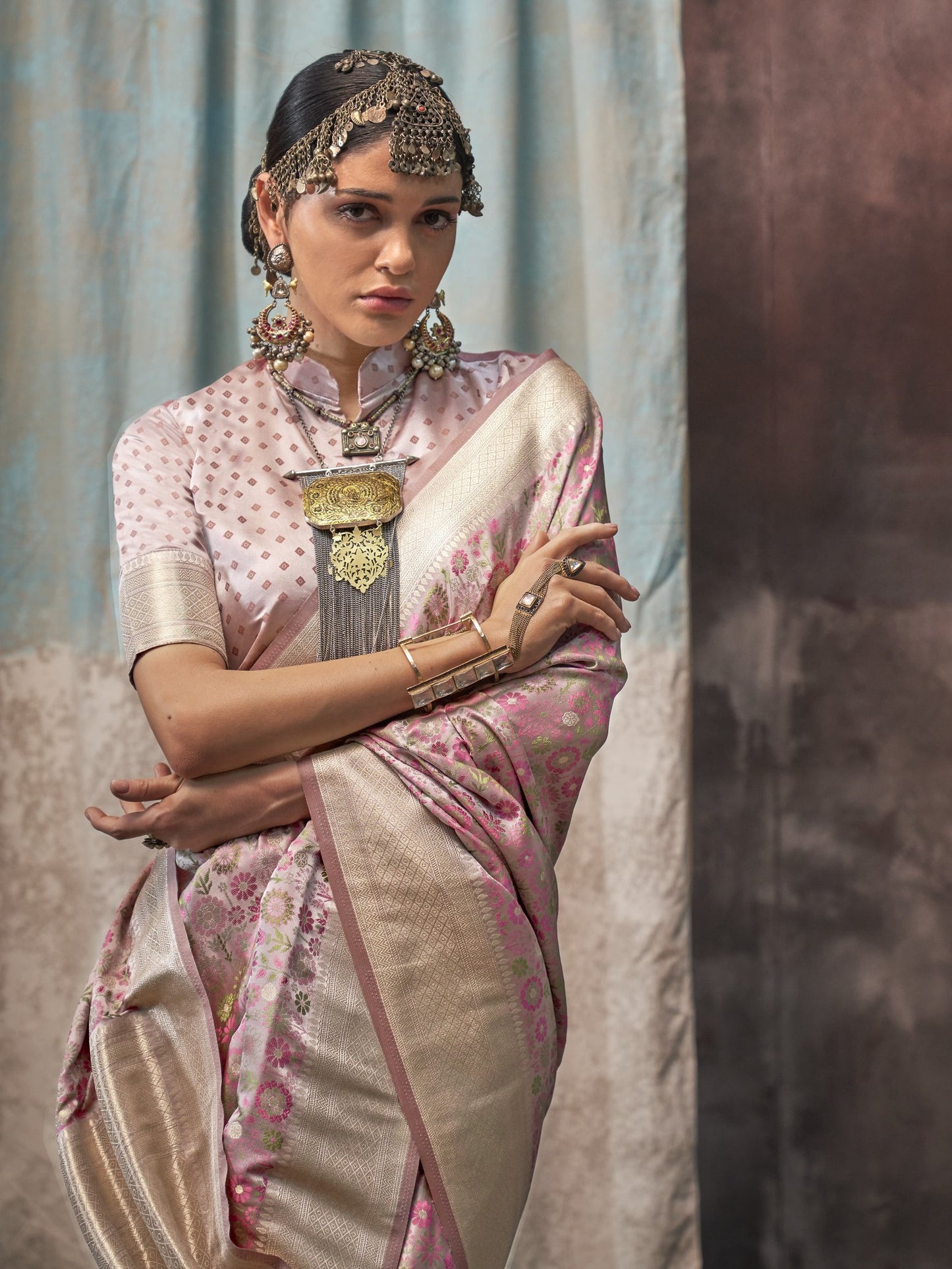 Dusty Pink Woven Banarasi Satin Silk Saree