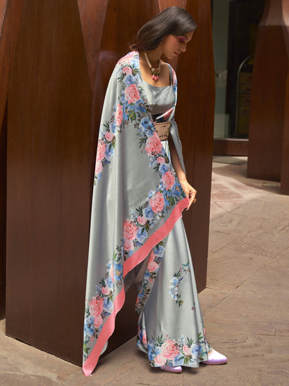 Cool Gray Digital Print Satin Crepe Saree