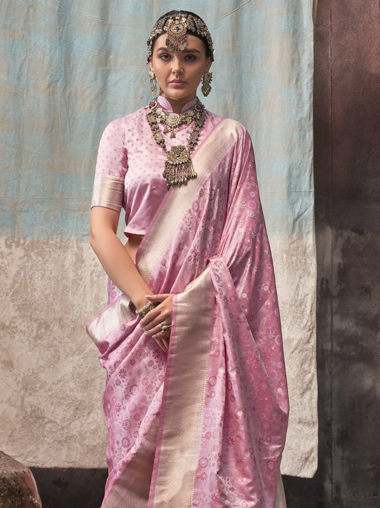 Blush Pink Woven Banarasi Satin Silk Saree