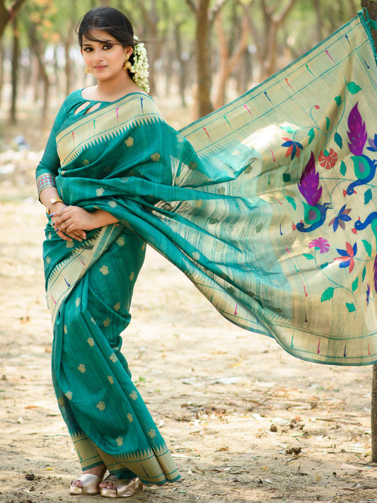 Ice Blue Tussar Silk Paithani Saree