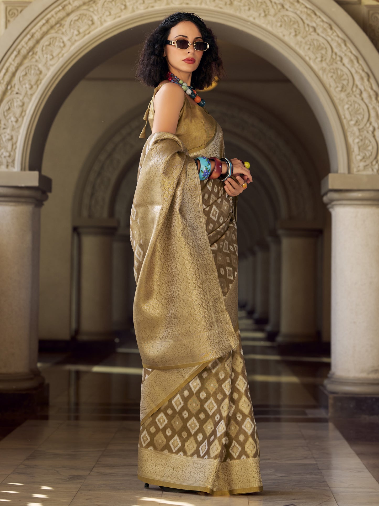 Toffee Bronze Zari Weaving Tissue Silk Saree