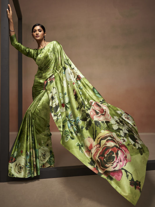 Olive Green Satin Silk Printed Saree