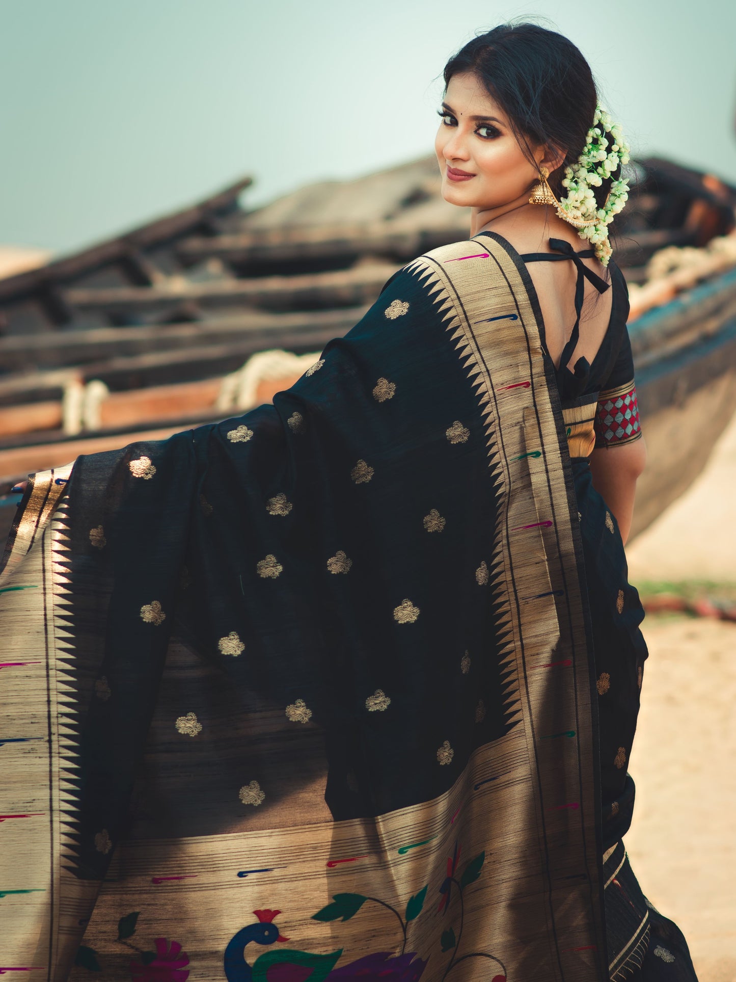 Jet Black Tussar Silk Paithani Saree