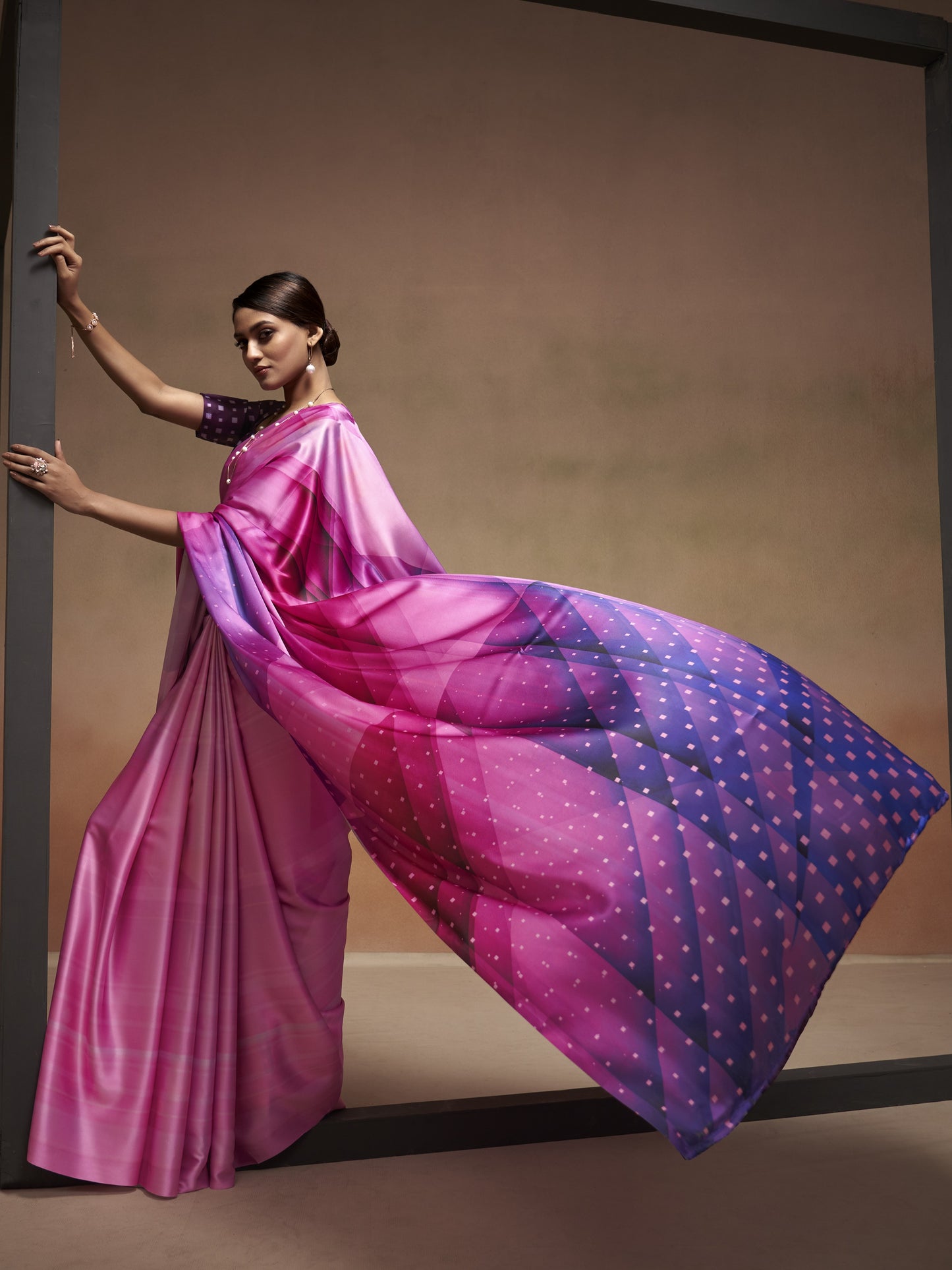 Unique Pink Satin Silk Printed Saree