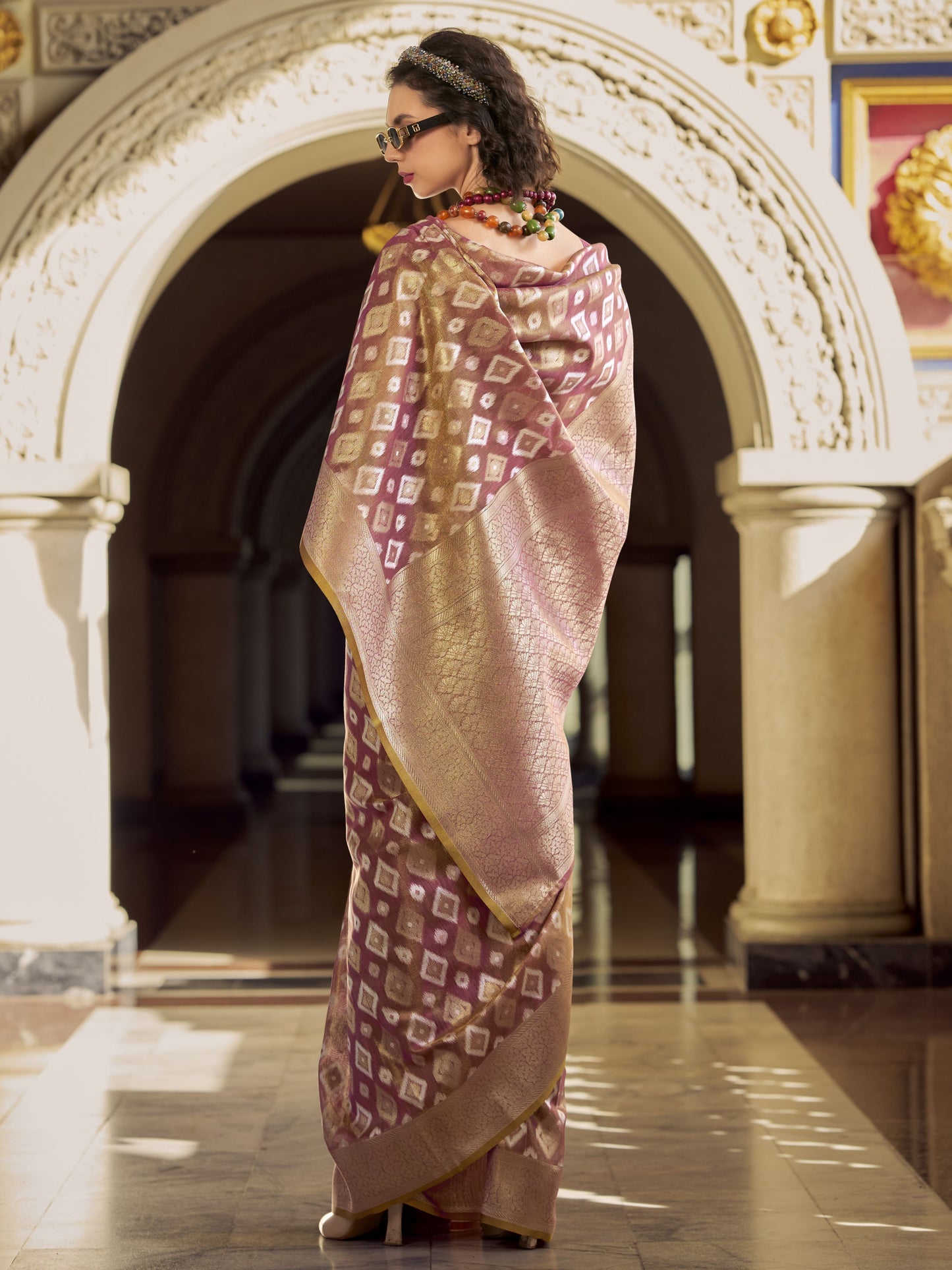 Golden Fuchsia Zari Woven Tissue Silk Saree