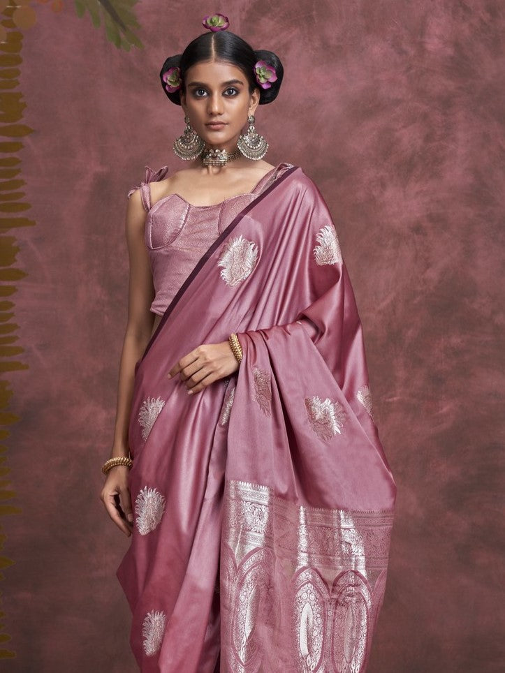 Coral Pink Woven Banarasi Satin Silk Saree