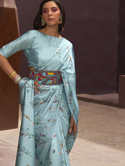 Soft Blue Digital Print Satin Crepe Saree