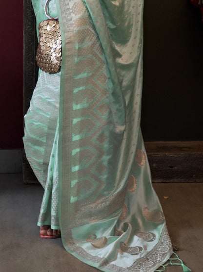 Aqua Blue Woven Banarasi Satin Silk Saree