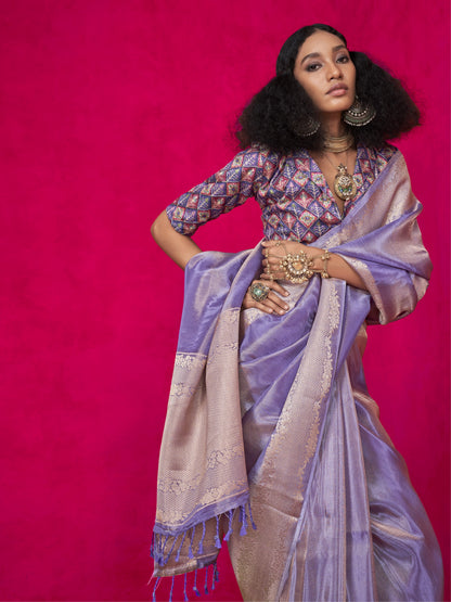 Mauve Purple Zari Woven Tissue Silk Saree with Contrast Blouse