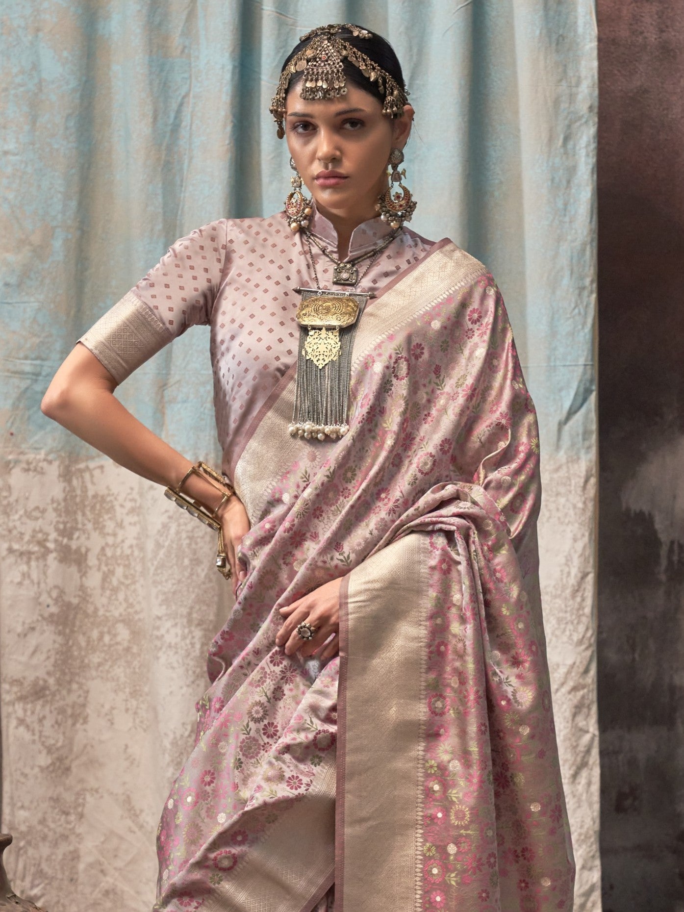 Dusty Pink Woven Banarasi Satin Silk Saree