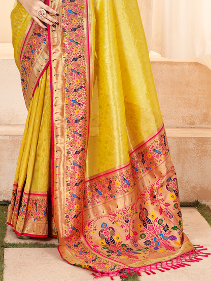 Classy Yellow Woven Paithani Tissue Silk Saree