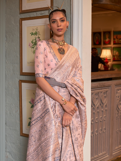 Powder Pink Woven Kashmiri Cotton Silk Saree