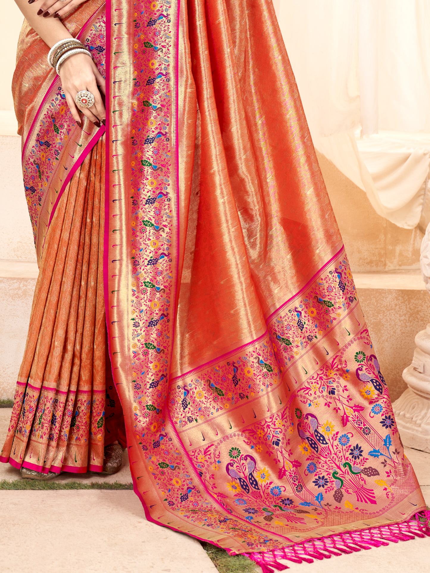 Sunset Orange Woven Paithani Tissue Silk Saree