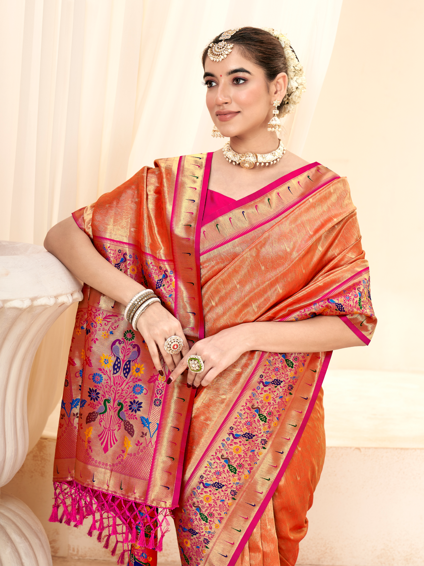 Sunset Orange Woven Paithani Tissue Silk Saree