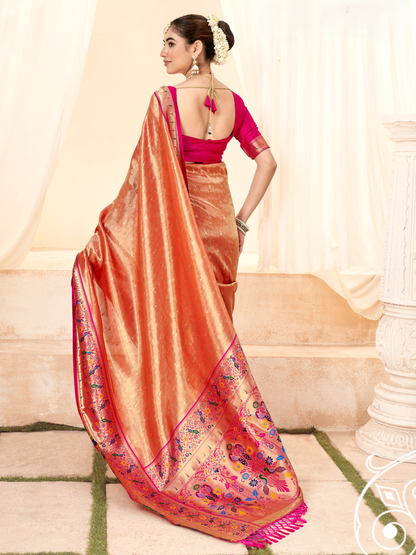 Sunset Orange Woven Paithani Tissue Silk Saree