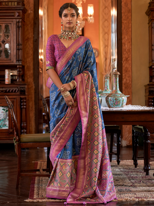 Admiral Blue Woven Patola Tussar Silk Saree