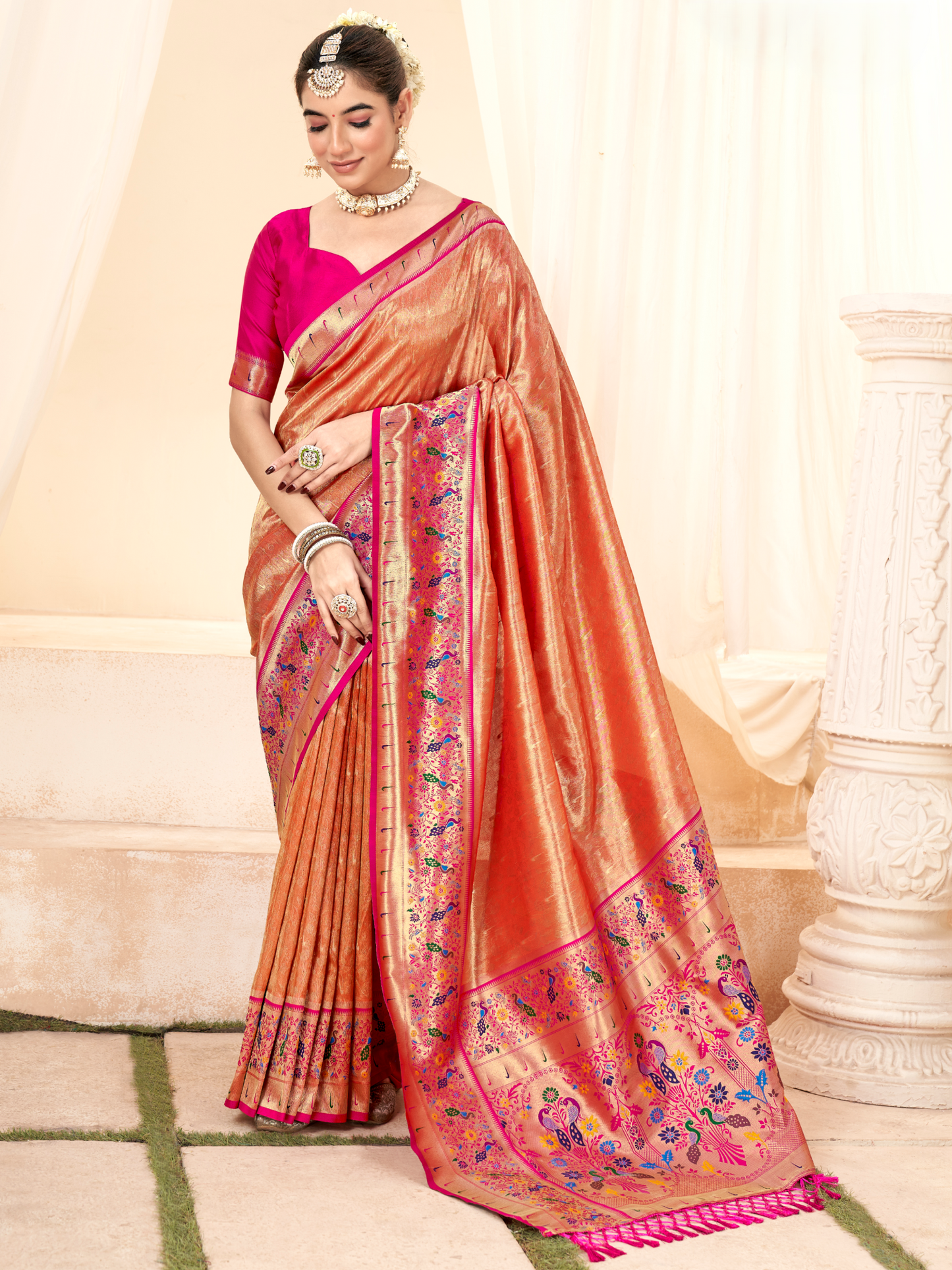 Sunset Orange Woven Paithani Tissue Silk Saree