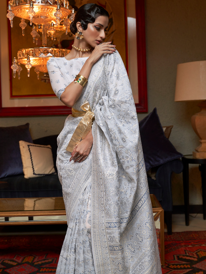 Daisy White Woven Kashmiri Cotton Silk Saree