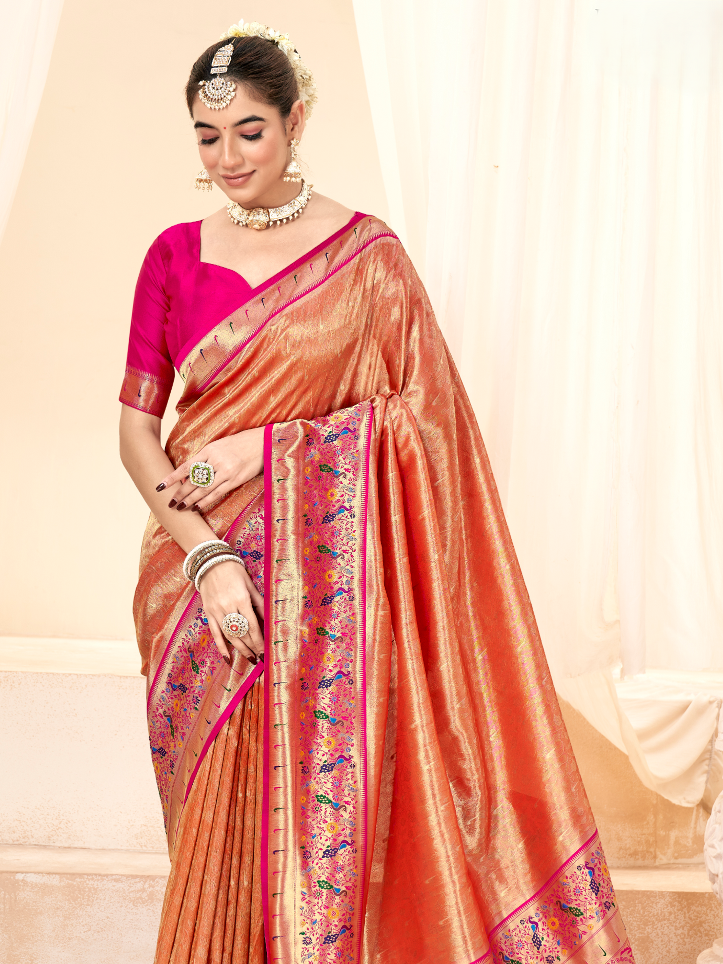 Sunset Orange Woven Paithani Tissue Silk Saree