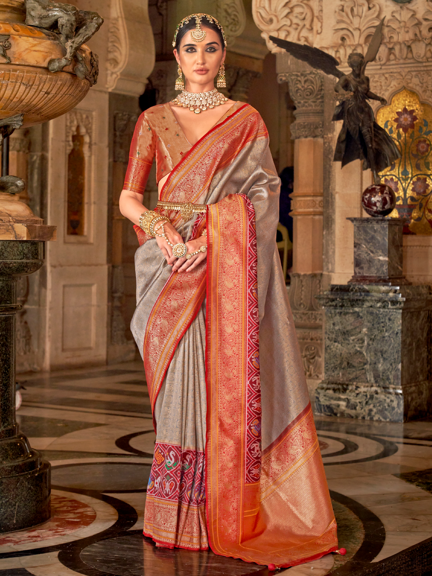 Coin Gray Woven Kanjivaram Patola Silk Saree