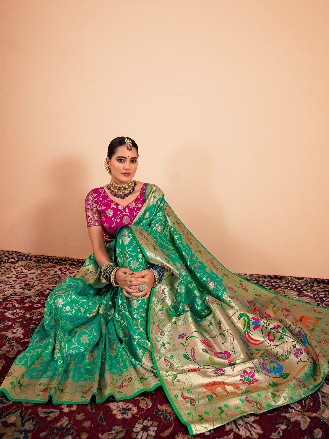 Cool Green Woven Paithani Silk Saree with Contrast Blouse