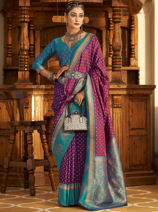 Plum Magenta Woven Banarasi Soft Silk Saree