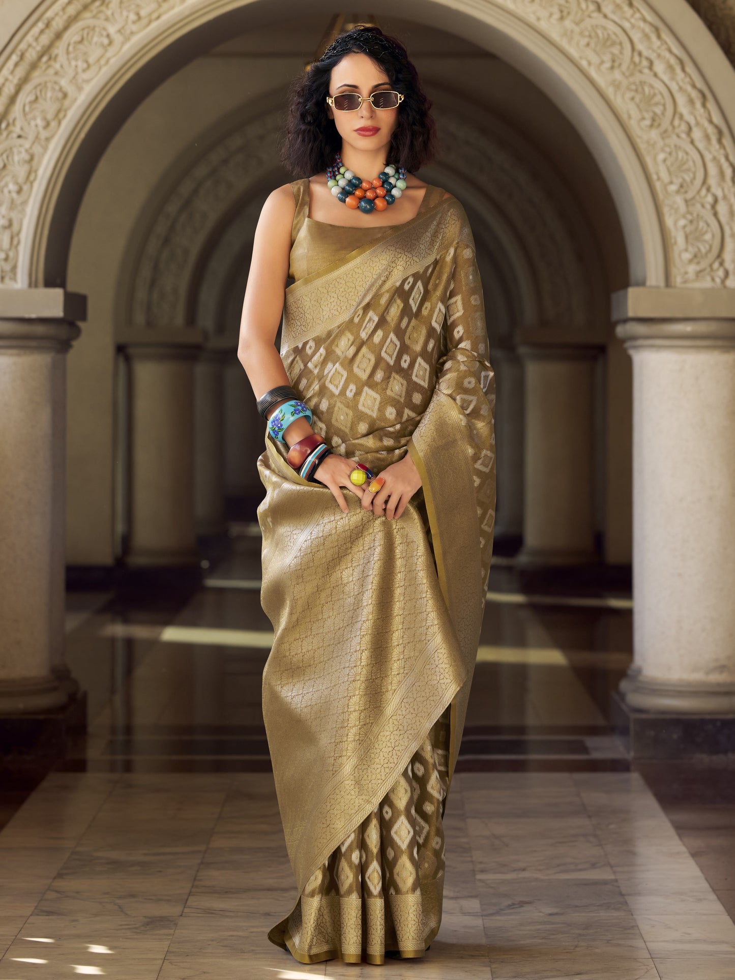 Toffee Bronze Zari Weaving Tissue Silk Saree