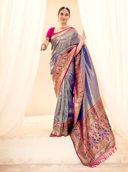 Shining Blue Woven Paithani Tissue Silk Saree