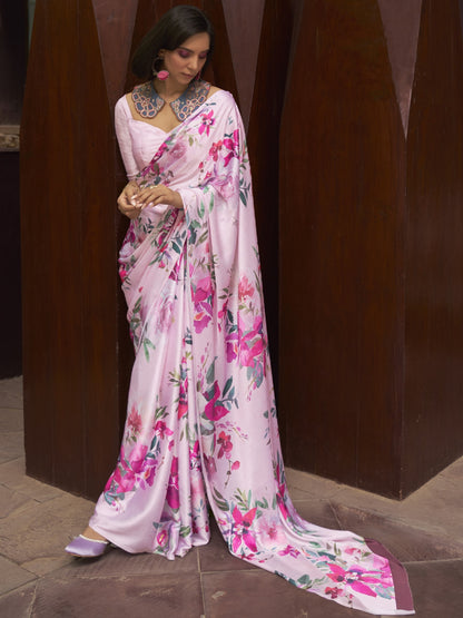 partywear pink satin saree