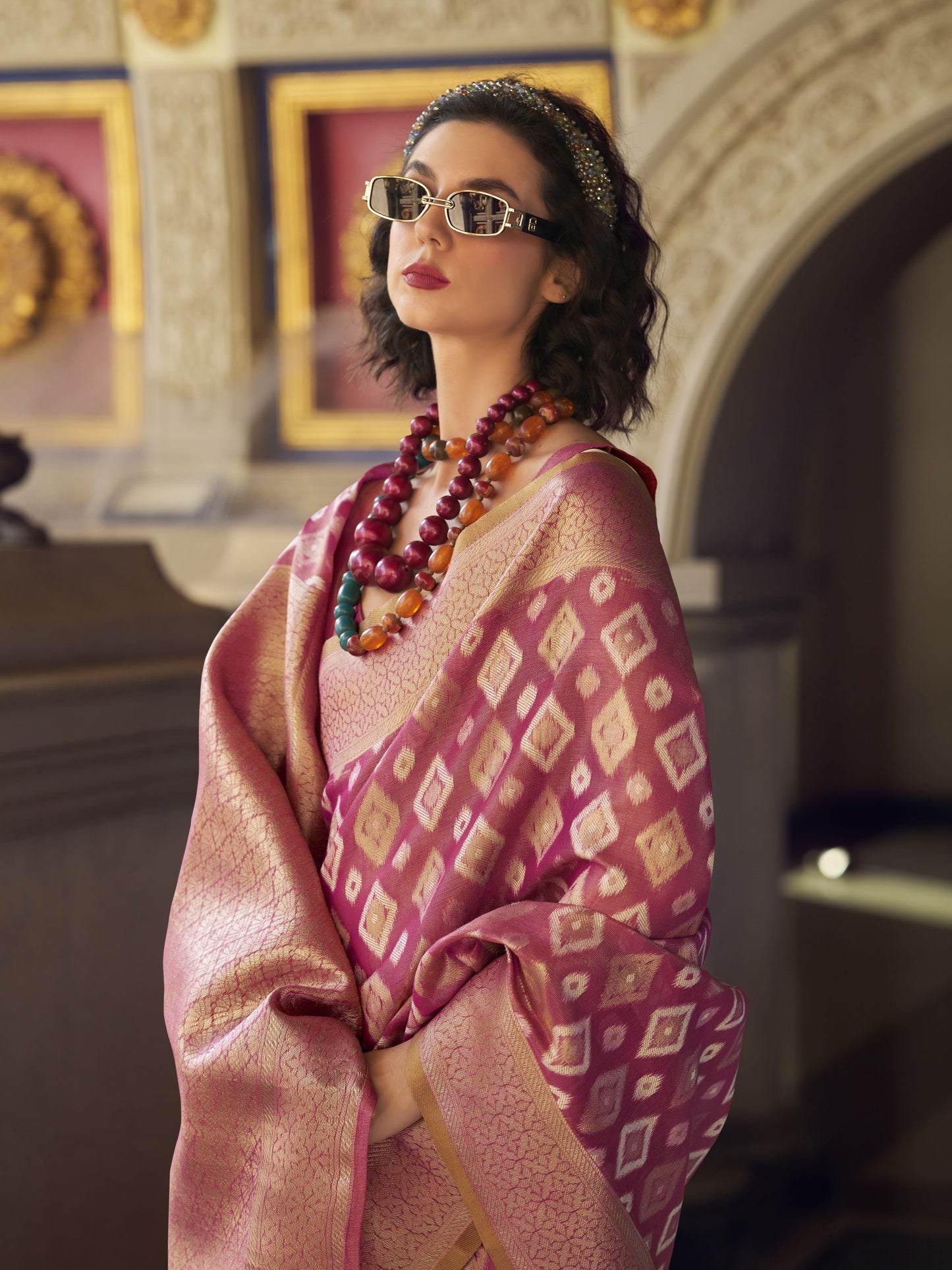 Thulian Pink Zari Woven Tissue Silk Saree